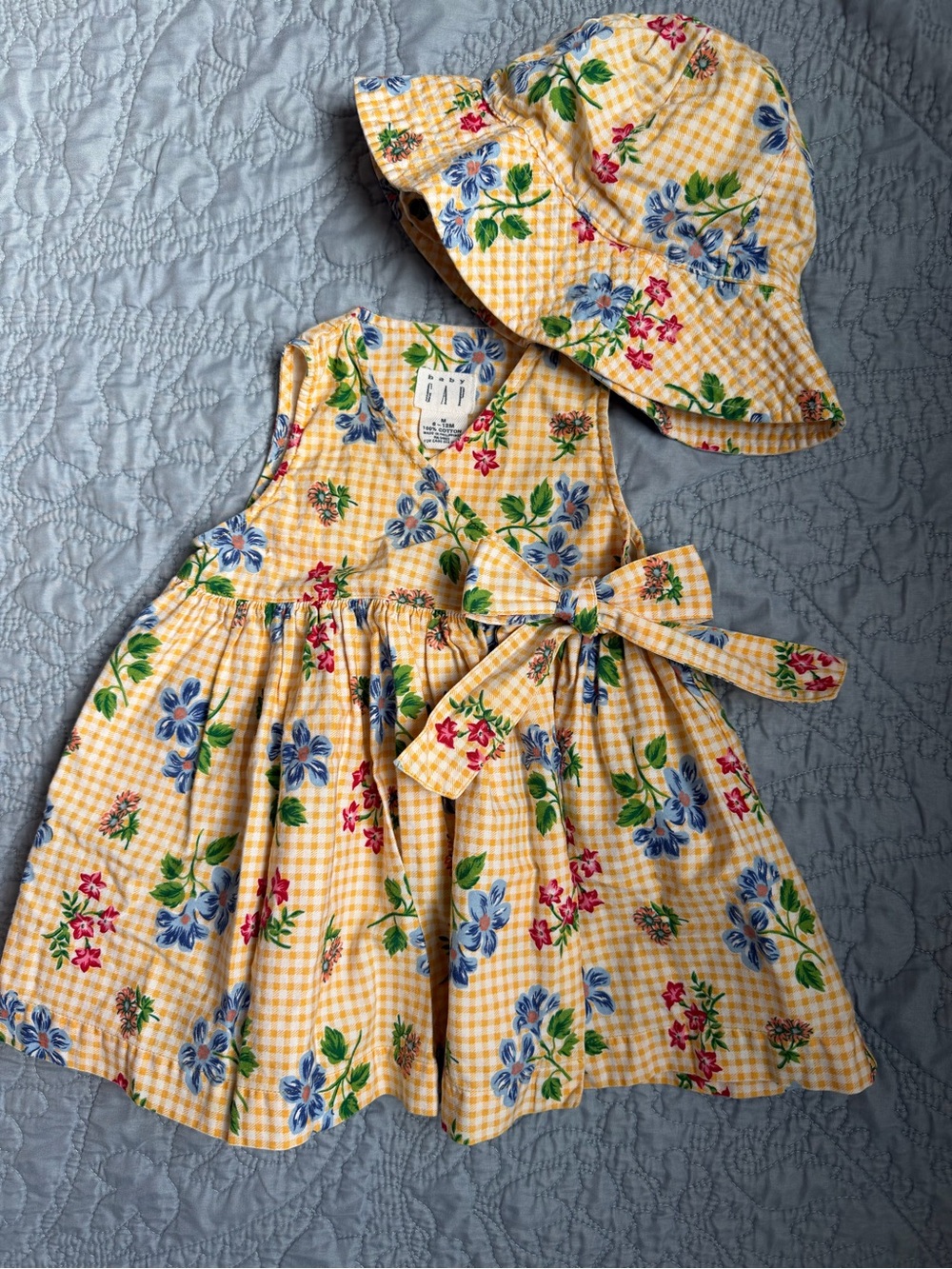 GAP Yellow Gingham Floral Dress with Matching Sun Hat